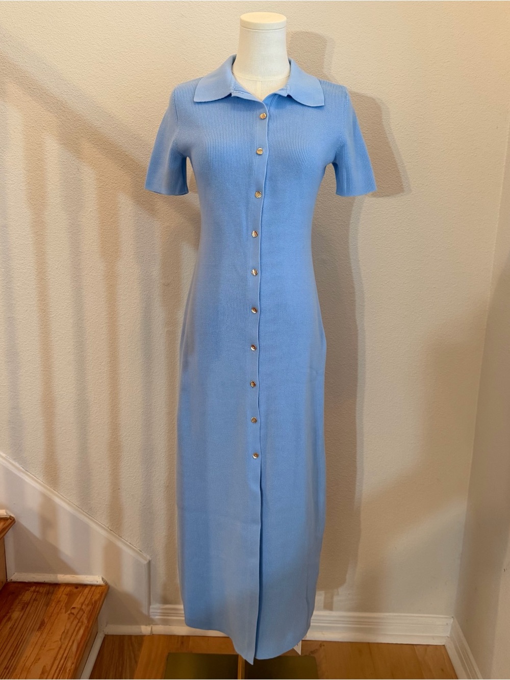 Commense Sky Blue Metal Button Collar Midi Dress